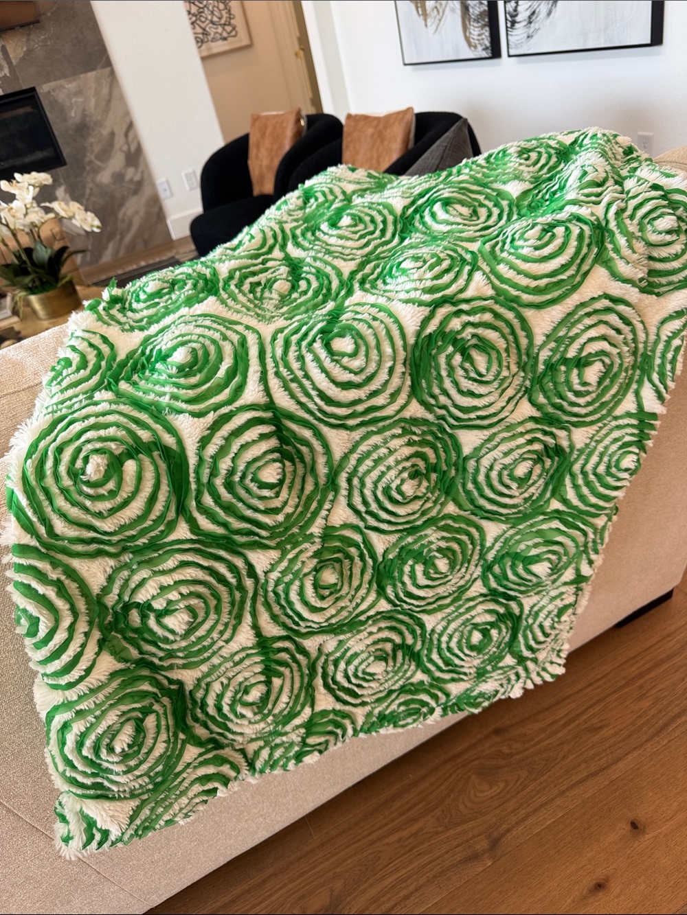 Bedford Cottage Rosette Throw Blanket Textured Vibrant Green Ribbon Swirl Ivory